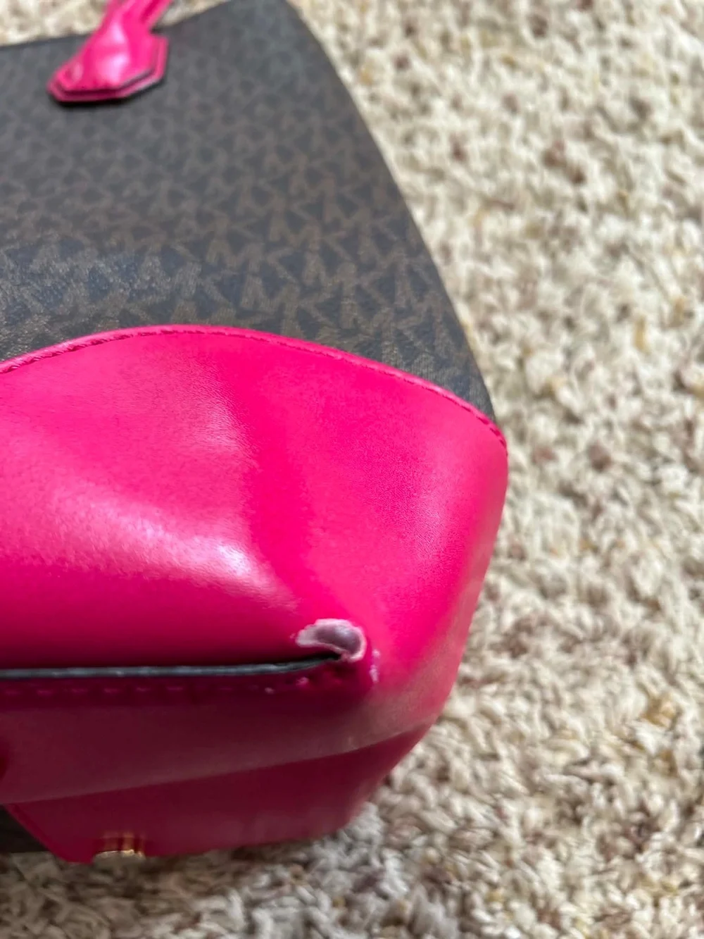 Michael Kors Brown MK Logo Tote with Pink Trim and Handles